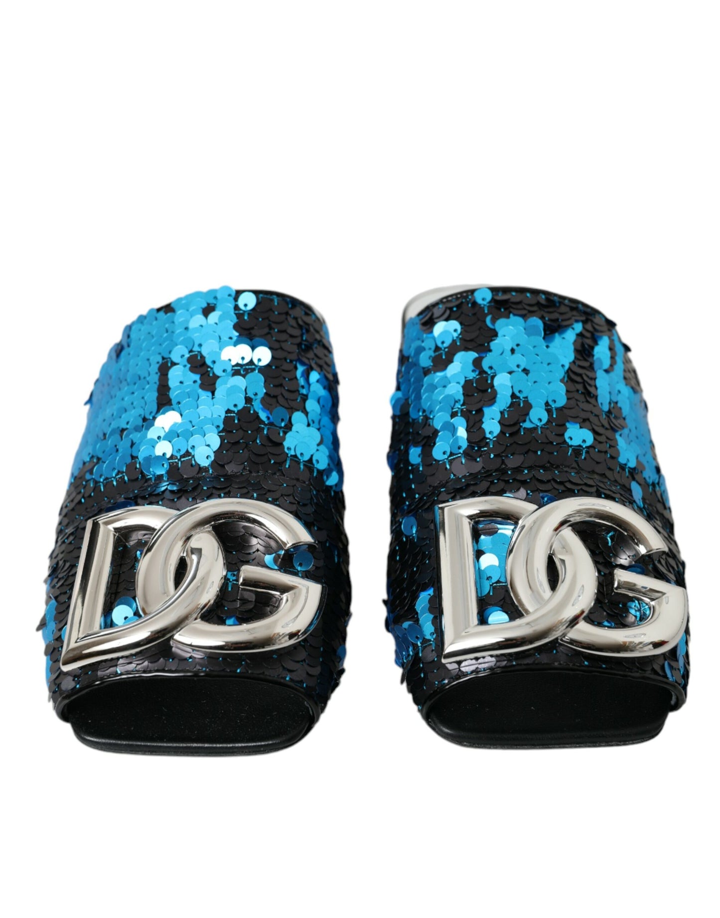 Dolce & Gabbana Blue Sequin Logo Slides Sandals Shoes