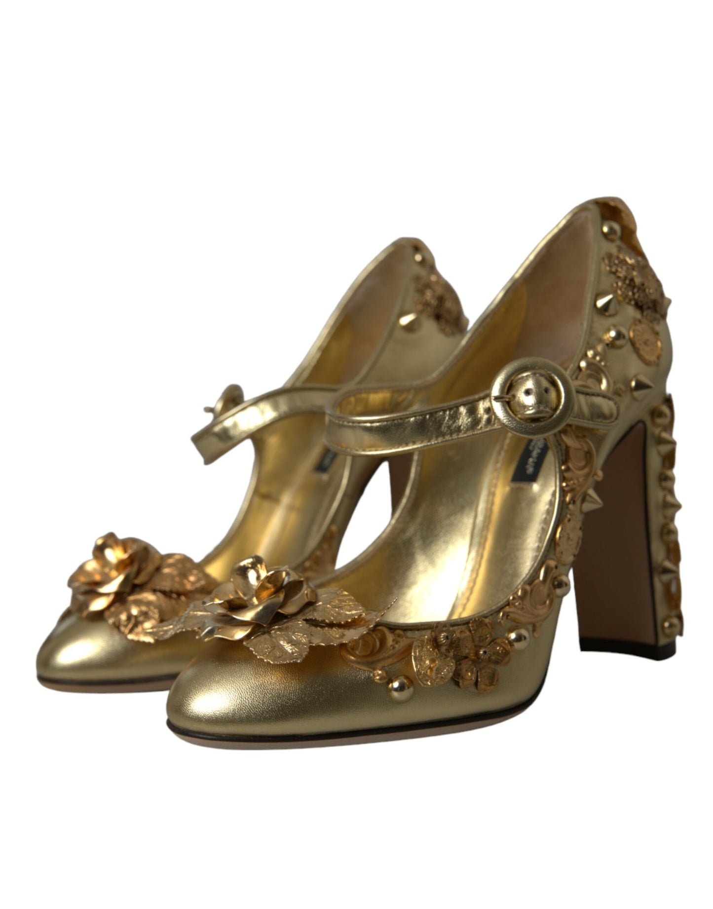 Dolce & Gabbana Gold Leather Crystal Mary Janes Pumps Shoes