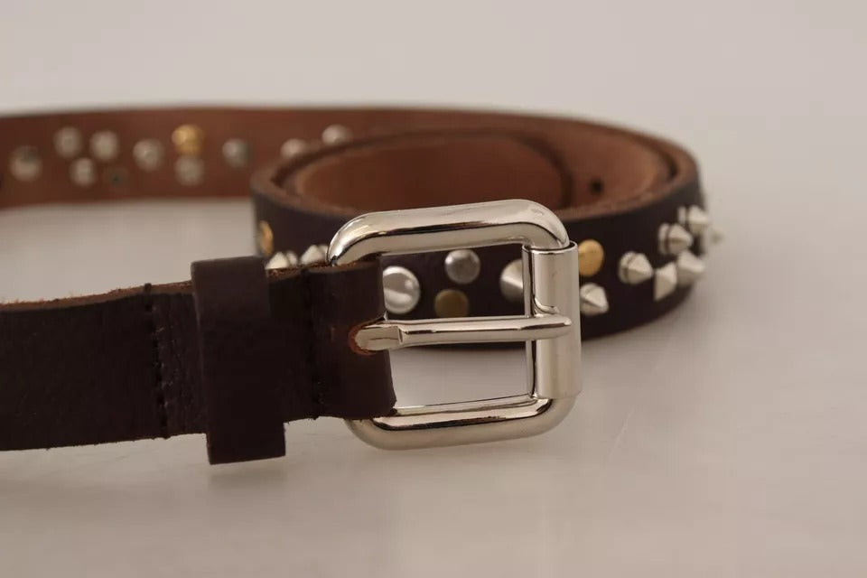 Dolce & Gabbana Brown Leather Studded Silver Metal Buckle Belt