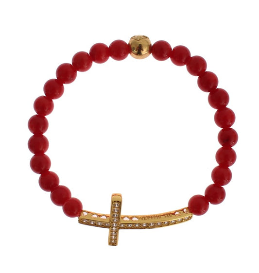 Nialaya Red Coral Gold CZ Kreuz 925 Silberarmband