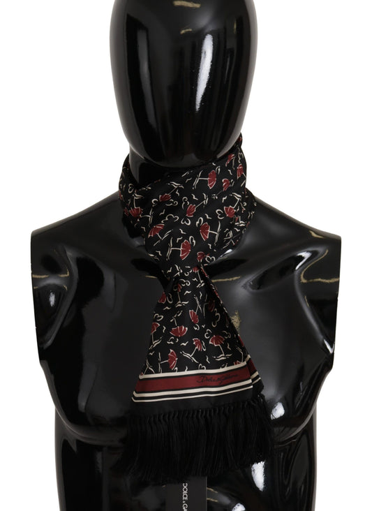 Dolce & Gabbana Black Red Umbrelas Scarf de franges à motifs
