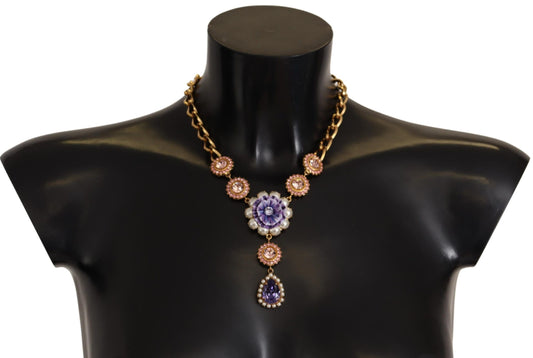 Dolce & Gabbana Gold Brass Crystal Purple Rose Pearl Pendants Collier