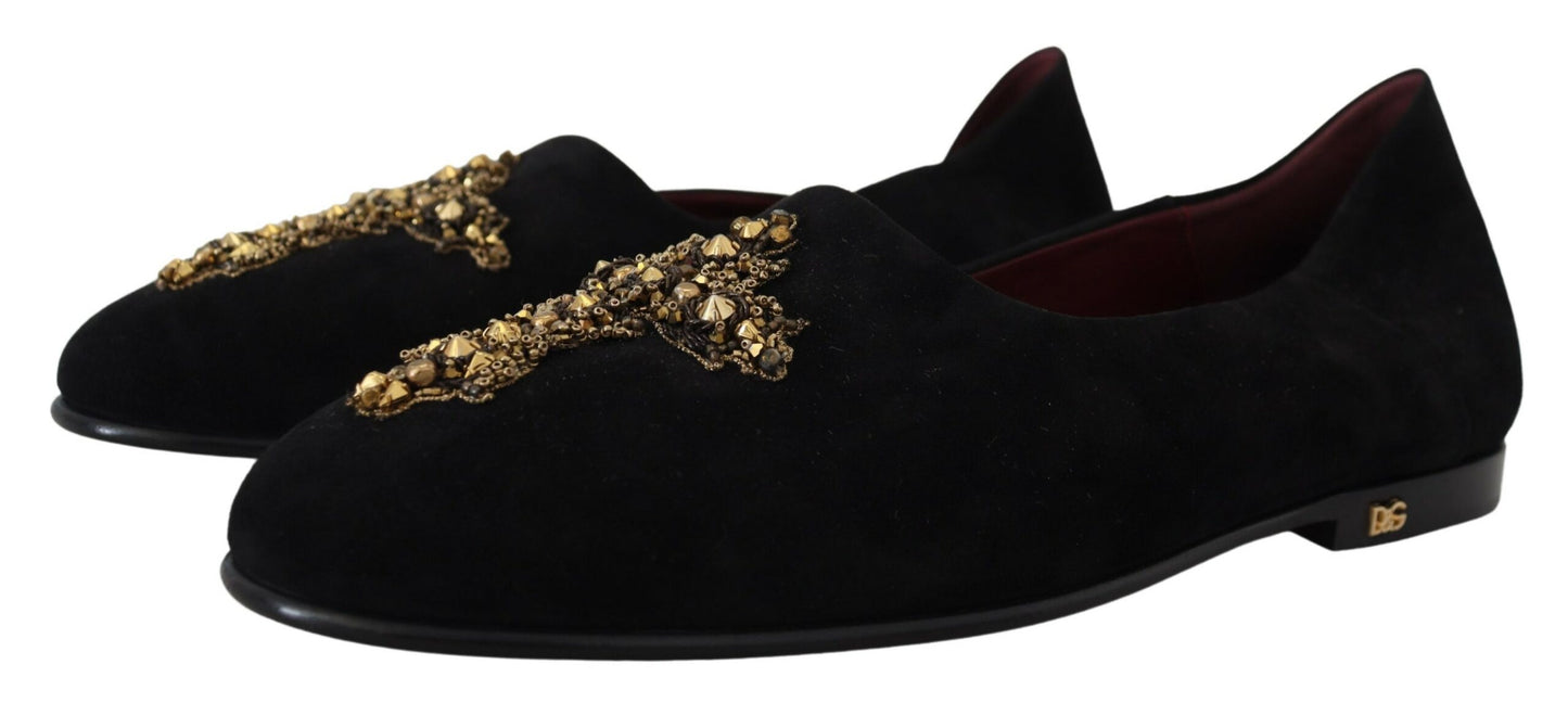 Dolce & Gabbana Schwarzes Wildleder Goldkreuz Slip auf Ladungsschuhe