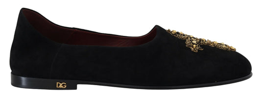 Dolce & Gabbana Black Suede Gold Cross Slip su scarpe da mocassini