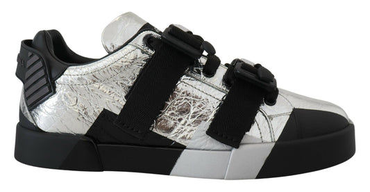 Dolce & Gabbana Schwarz Silber Leder Low Top Sneakers Casual Schuhe