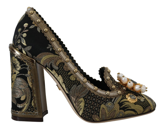 Dolce & Gabbana Gold Crystal Square Toe Brocade Pumps Chaussures