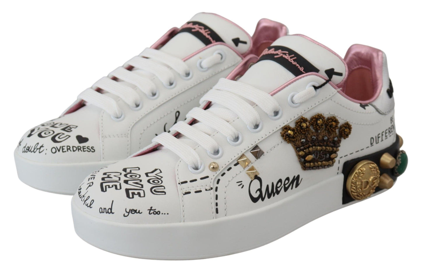 Dolce & Gabbana White in pelle bianca Crystal Queen Crown Sneakers