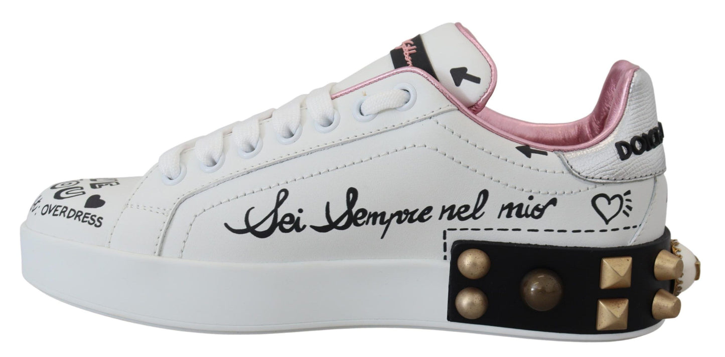 Dolce & Gabbana White Leather Crystal Queen Crown Sneakers Chaussures
