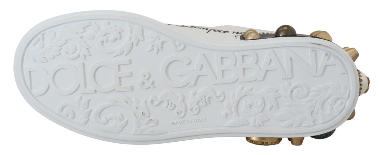 Dolce & Gabbana White Leather Crystal Queen Crown Sneakers Chaussures