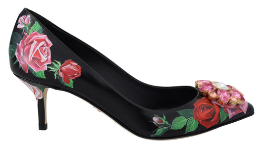 Dolce & Gabbana Black Floral Print Crystal Heels Pumps Chaussures