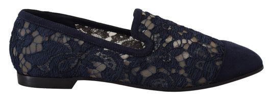 Dolce & Gabbana Blue Blumenspitzen -Slip -Ons -Ladungsschuhe Flats Schuhe