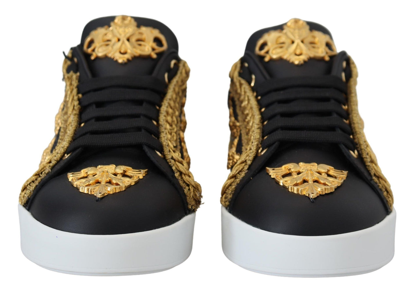 Dolce & Gabbana Black Gold Baroque Portofino Leather Sneakers Chaussures