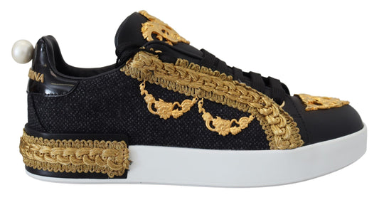 Dolce & Gabbana Black Gold Barock Portofino Leder -Sneakers Schuhe