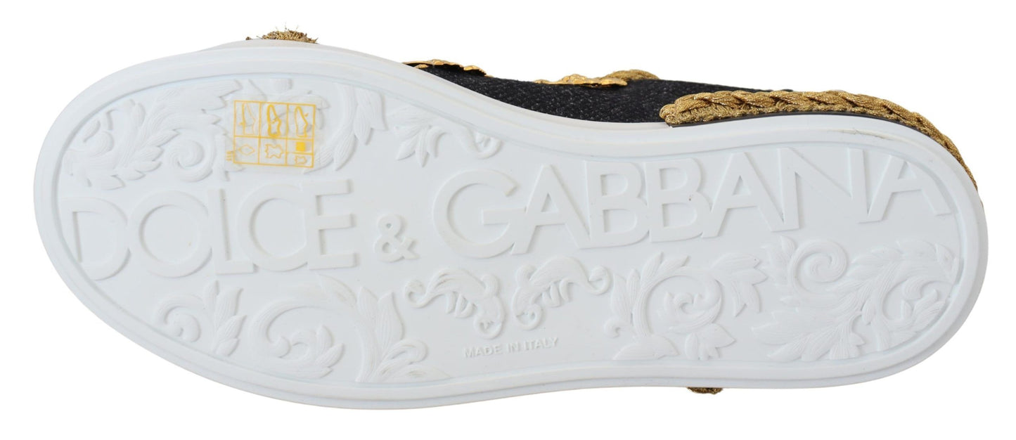 Dolce & Gabbana Black Gold Baroque Portofino Leather Sneakers Chaussures