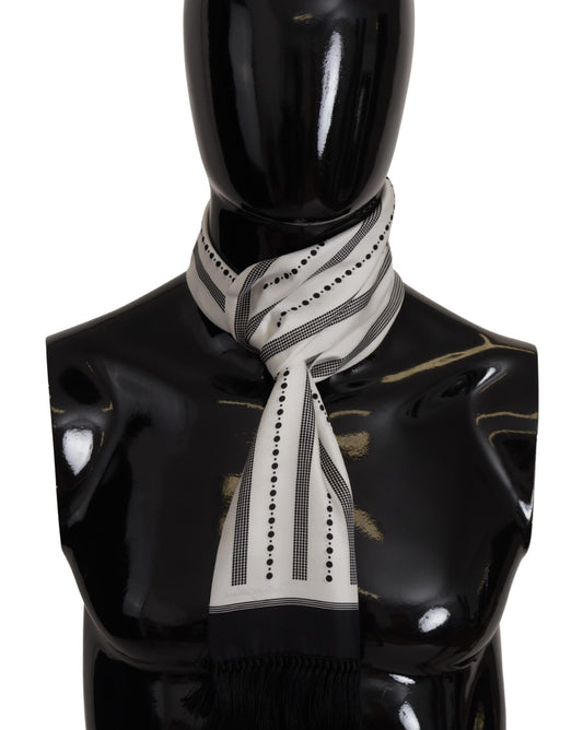 Dolce & Gabbana Black White White Silk Polka Dot Scialle Scialle di frangia