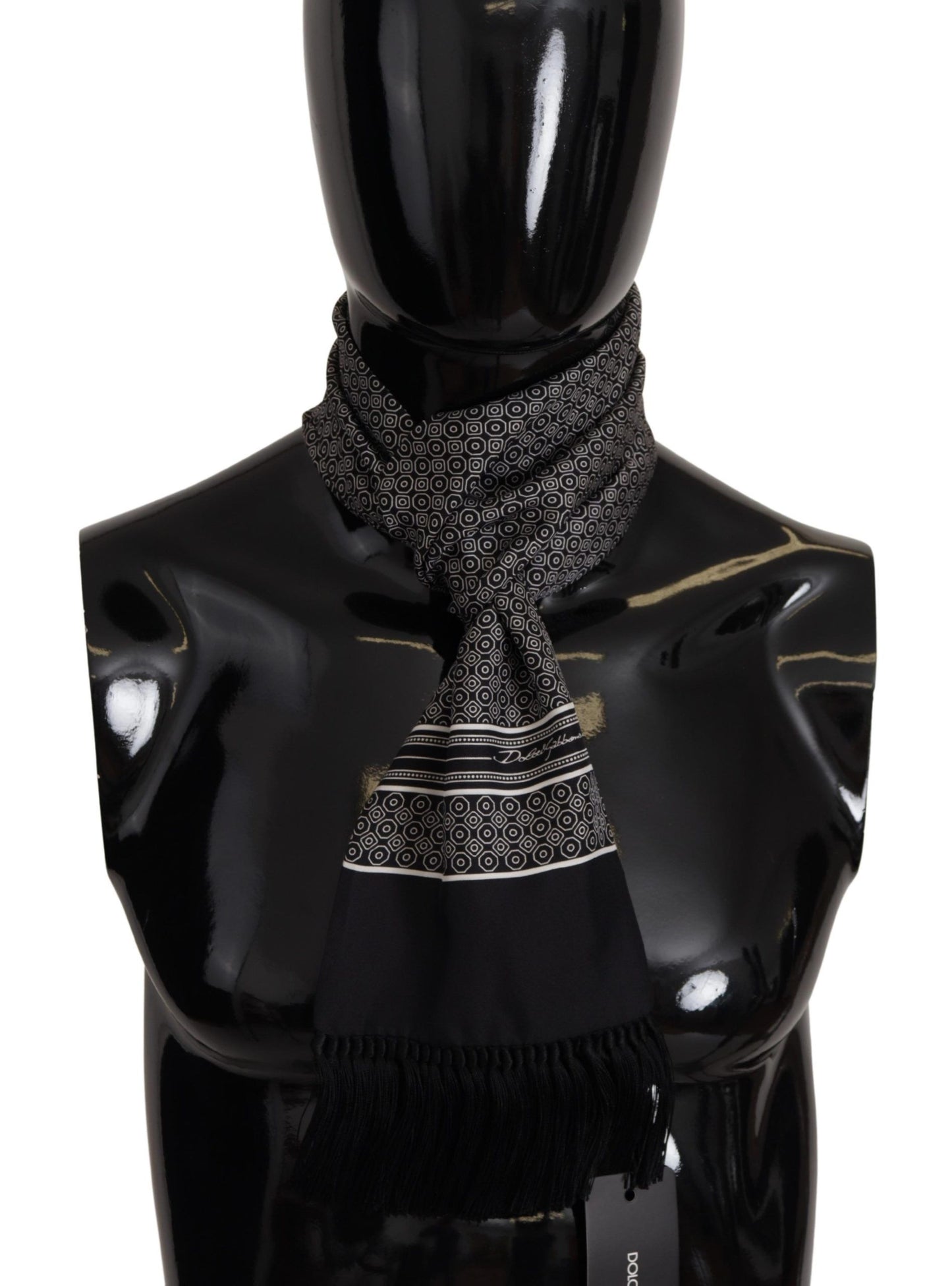 Dolce & Gabbana Schwarzweiß 100% Seiden geometrischer Schal -Fransenschalel