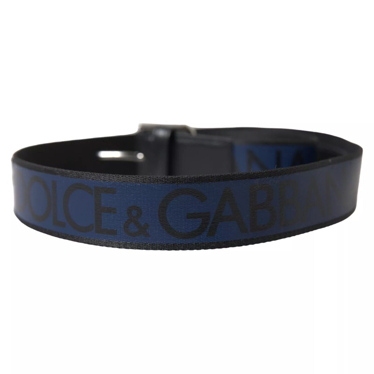 Dolce & Gabbana Black Blue Logo Silver Metal Buckle Belt