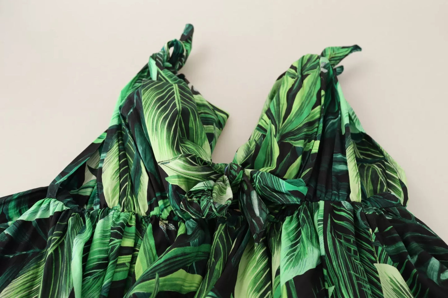 Dolce & Gabbana Green Leaves Print Cotton Flared Mini Dress