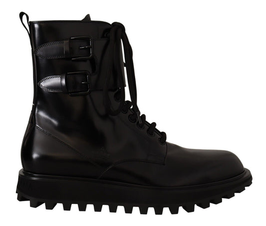 Dolce & Gabbana schwarzer Lederkampf Schnürung Herren Stiefel Schuhe