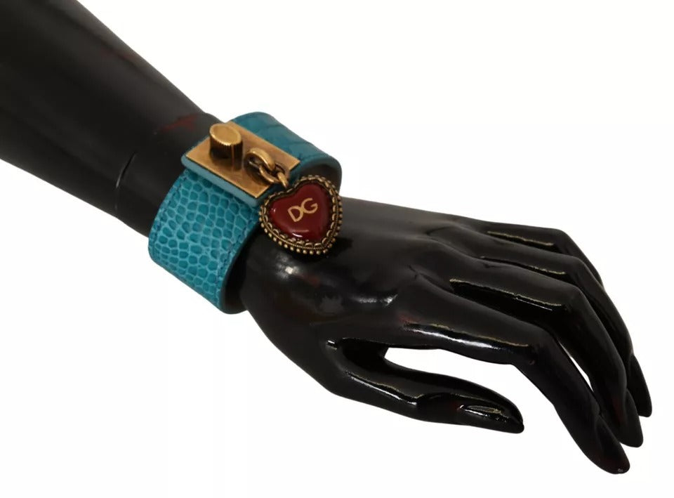 Dolce & Gabbana Blue Leather Gold DG Heart Pendant Wide Bracelet