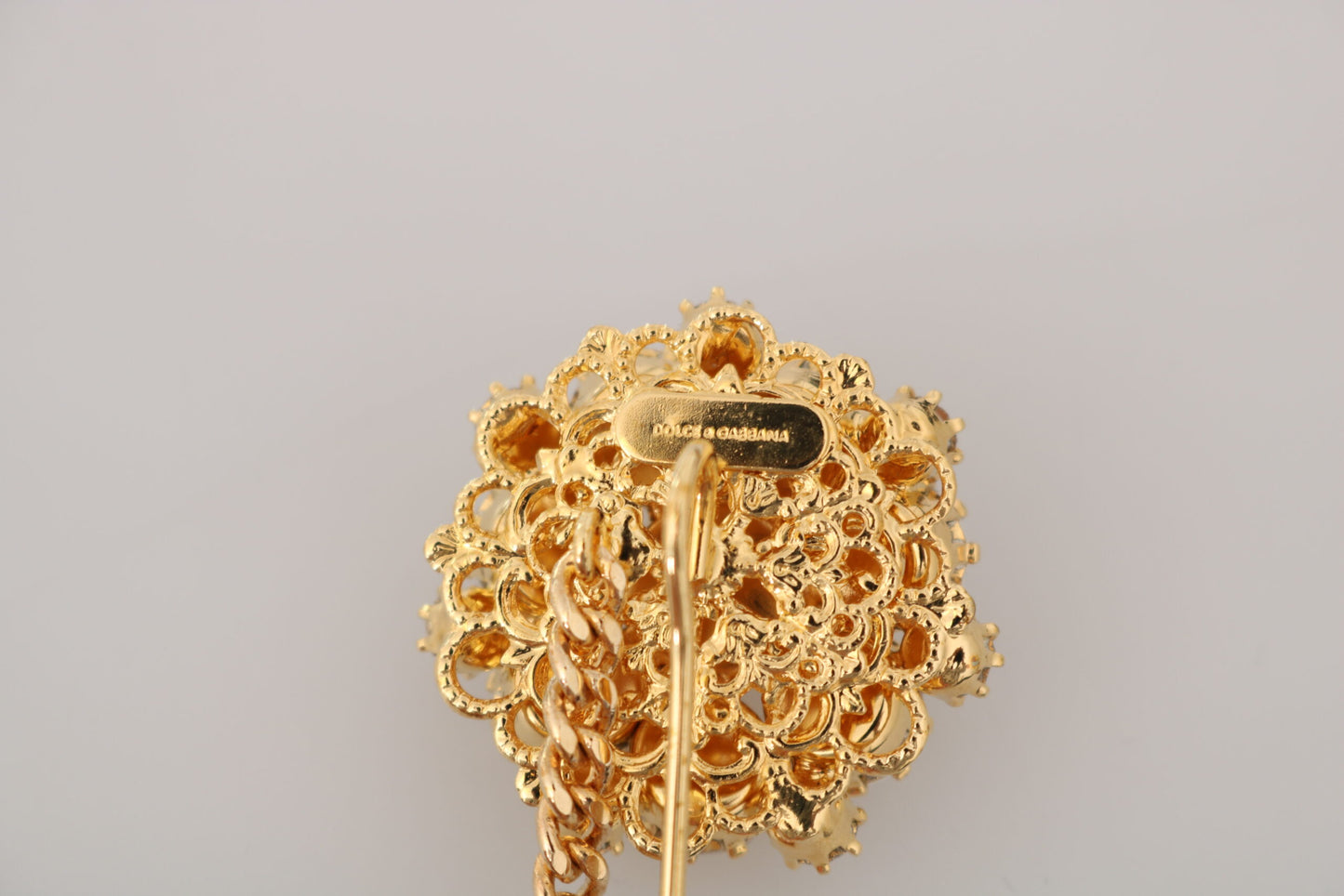 Dolce & Gabbana Gold Brass Clear Crystal Chain Pin Broch Brooch
