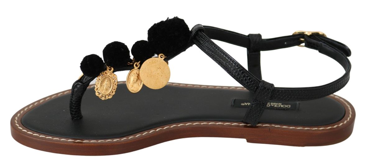 Dolce & Gabbana Schwarze Ledermünzen Flip Flops Sandalen Schuhe Schuhe