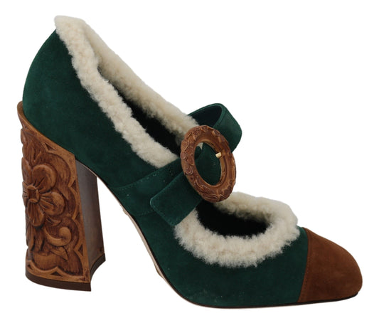 Dolce & Gabbana Grüne Wildlederfell Shearling Mary Jane Schuhe