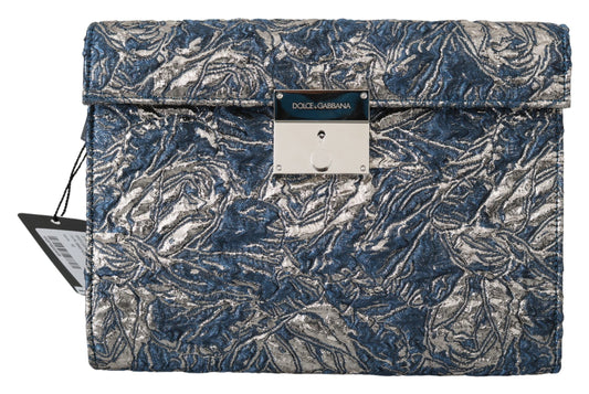 Dolce & Gabbana Blue Silver Jacquard En cuir Document Document Bag