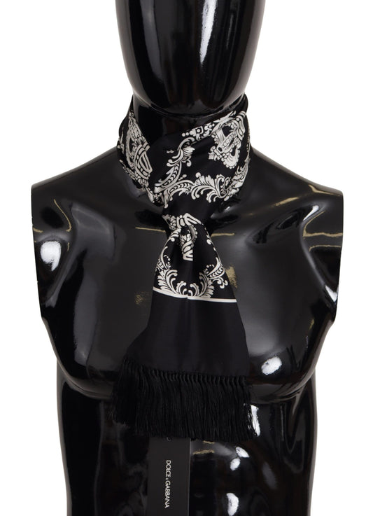 Dolce & Gabbana Black Silk Royal Crown Print Logo Scarf Fringe
