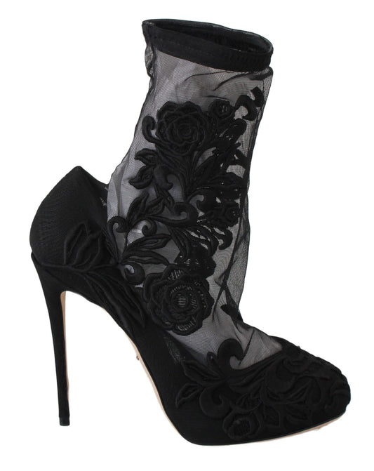 Dolce & Gabbana Black Roses Stilettos Booties Socken Schuhe