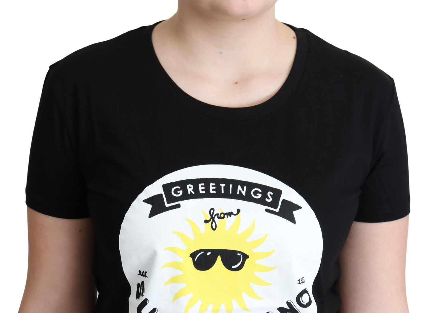 Moschino schwarzes Baumwoll-Sunny Milano Print T-Shirt