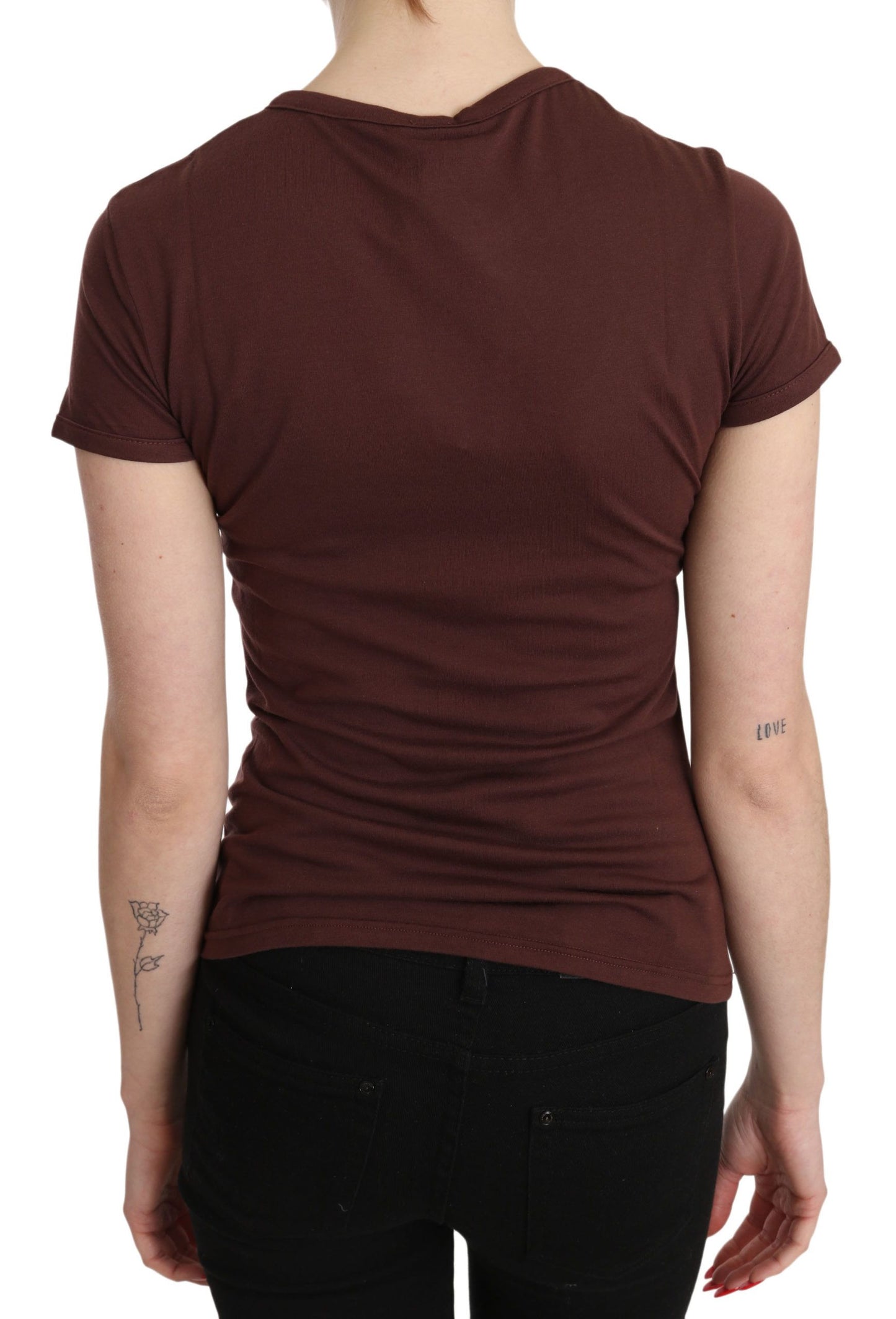 Exte braune Herzen gedruckt rundes Nacken-T-Shirt-Top