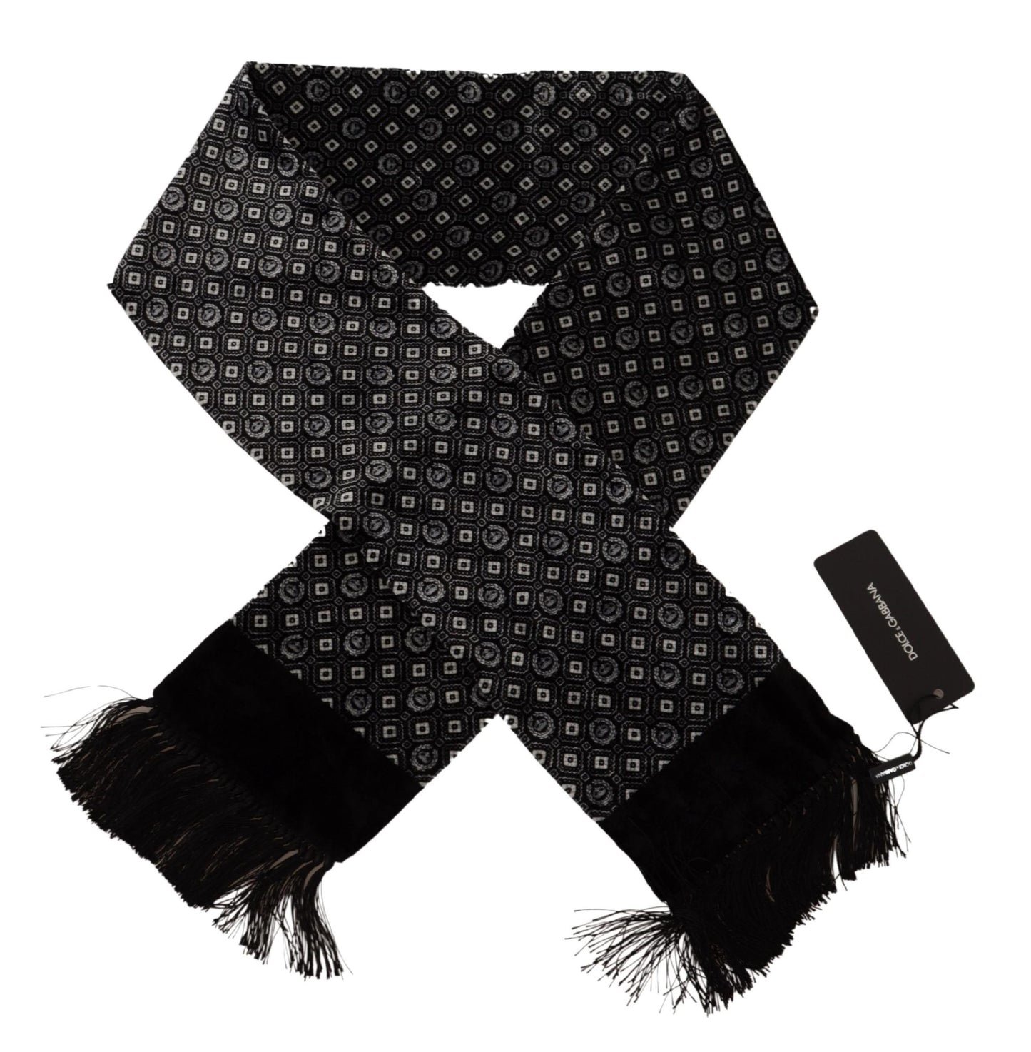 Dolce & Gabbana Black Geometric Geometric Pafago Fringa sciarpa con frangia