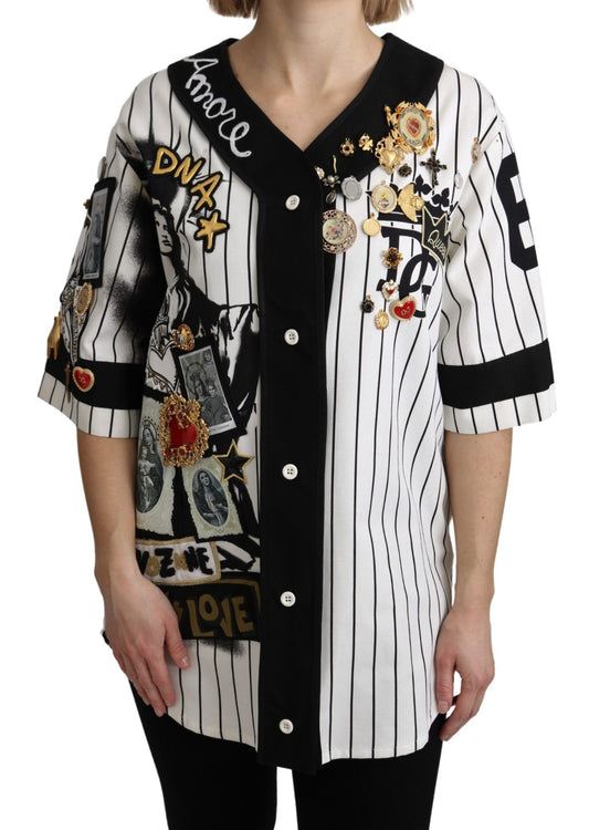 Dolce & Gabbana Bloue et noir Coton Crystal Charms Amore Shirt