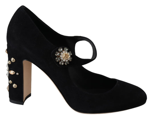 Dolce & Gabbana Black Suede Crystal Heels Mary Jane Scarpe