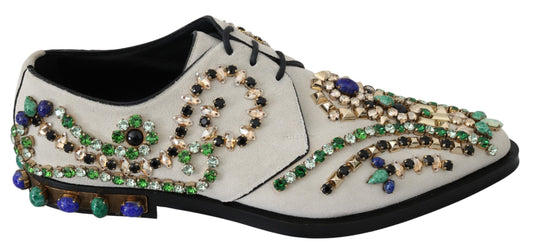 Dolce & Gabbana Elegant White Suede Dress Flats with Crystals