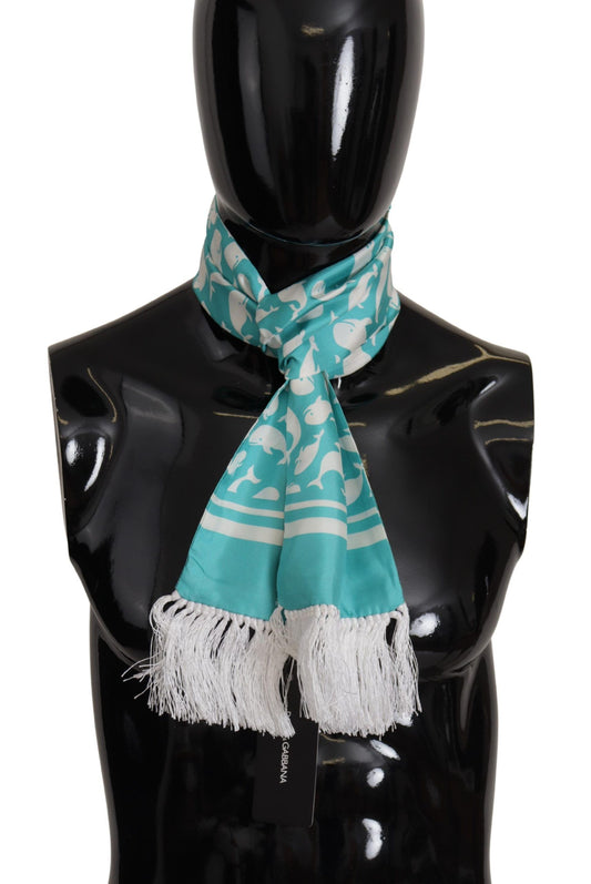 Dolce & Gabbana Blauwal gedruckter Schal -Wrap -Fransen -Seidenschal