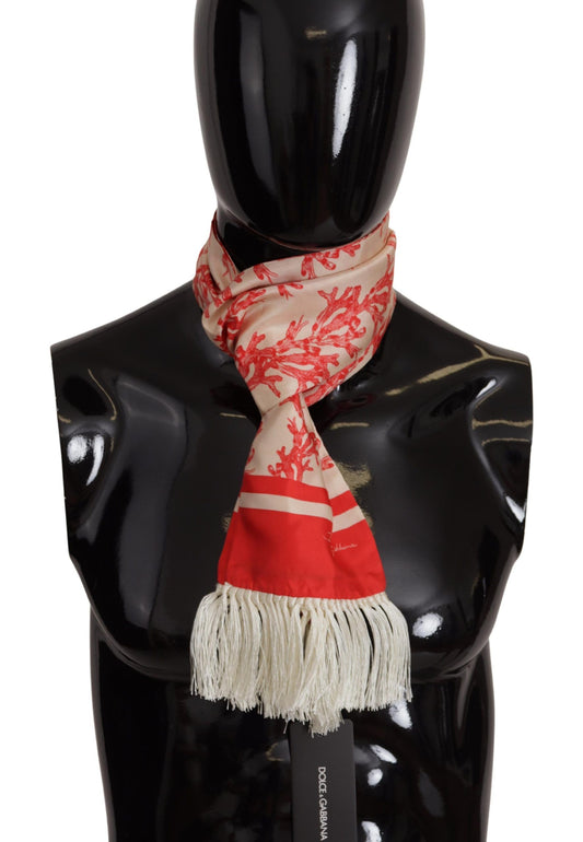Dolce & Gabbana White Red Coral Stampa a forma di scialle di sciarpa frangia