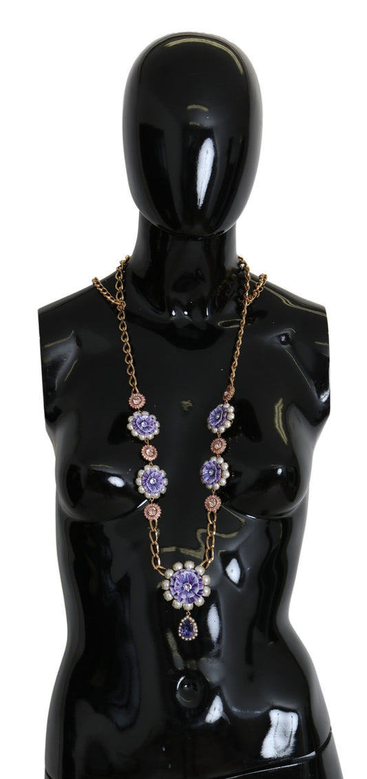 Dolce & Gabbana Gold Tone Blumenkristalle Purpur verziertes Halskette