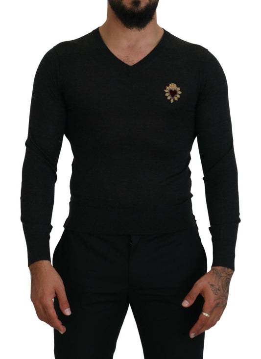 Dolce & Gabbana V-Neck Cashmere Sweater with Heart Embroidery