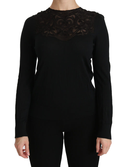 Dolce & Gabbana Black Silk Lace Crew Neck Blouse Long Sleeve