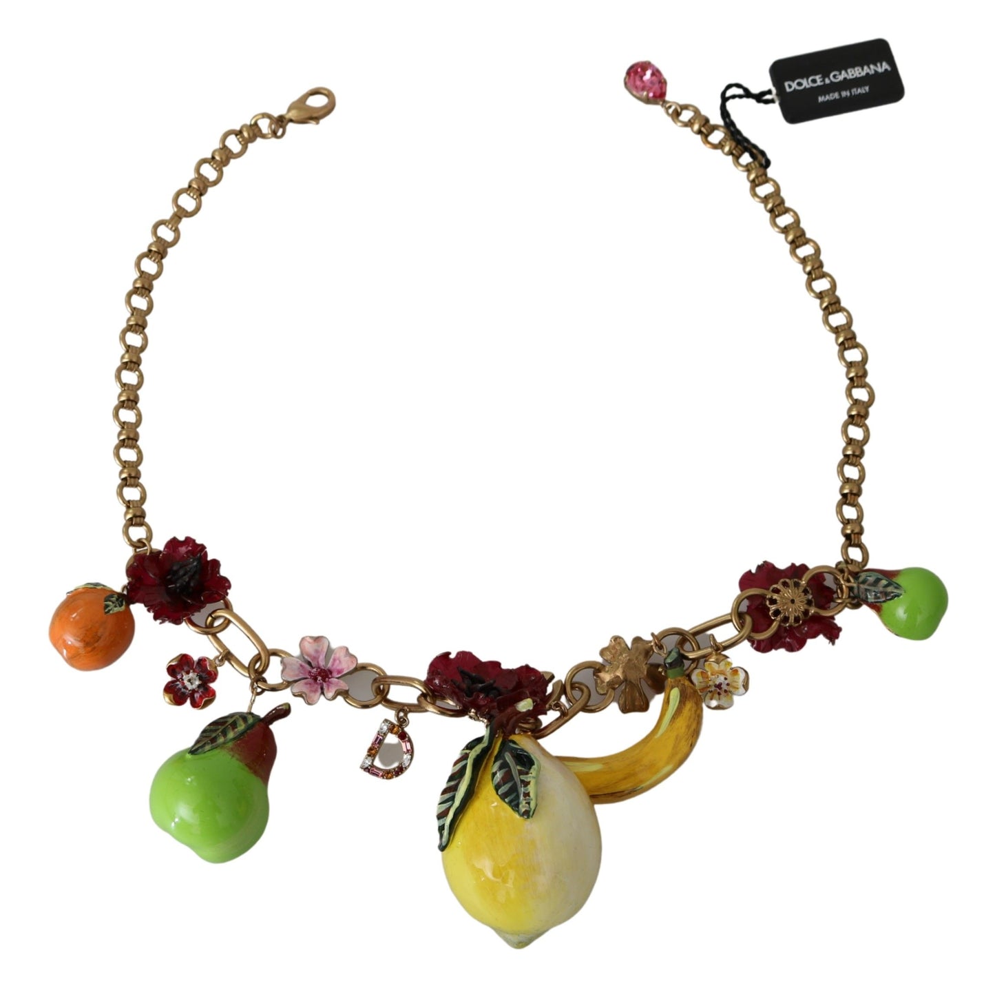 Dolce & Gabbana Fruchtanhänger Blumen Kristall DG Logo Gold Messing Halskette