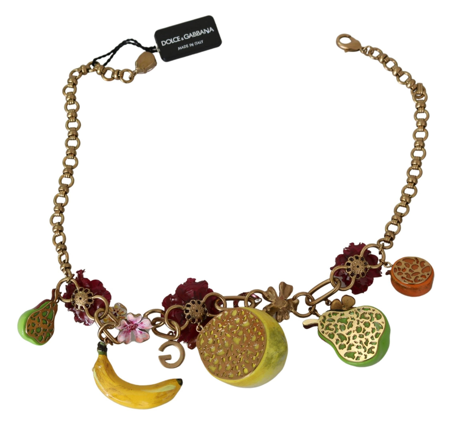 Dolce & Gabbana Fruchtanhänger Blumen Kristall DG Logo Gold Messing Halskette