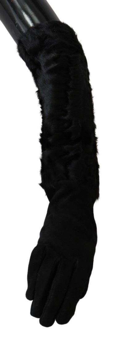 Dolce & Gabbana Black Black Lunghezza guanti di pelliccia in pelle scamosciata