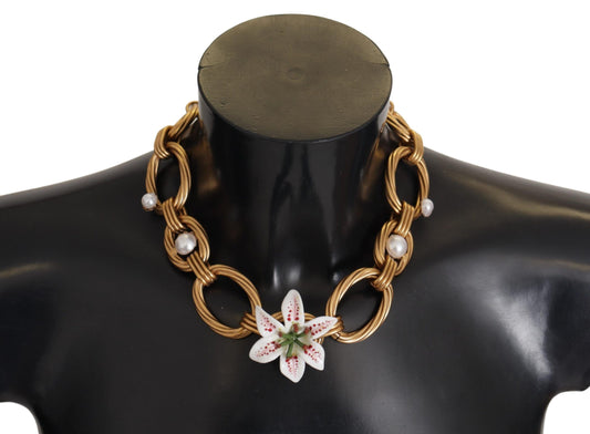 Dolce & Gabbana Gold White Lily Blumenkette Statement Halskette