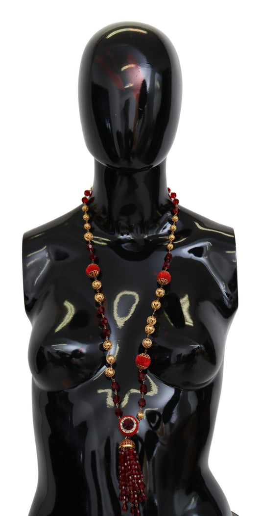 Dolce & Gabbana Gold Ton Messing Rote Kristalle Anhänger Opera Kette Halskette
