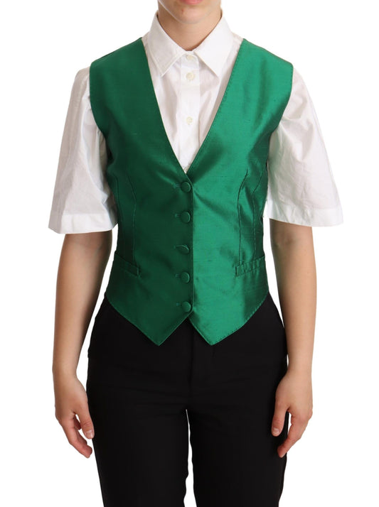 Dolce & Gabbana Green Silk Satin Sleeveveless WitCoat Stupt