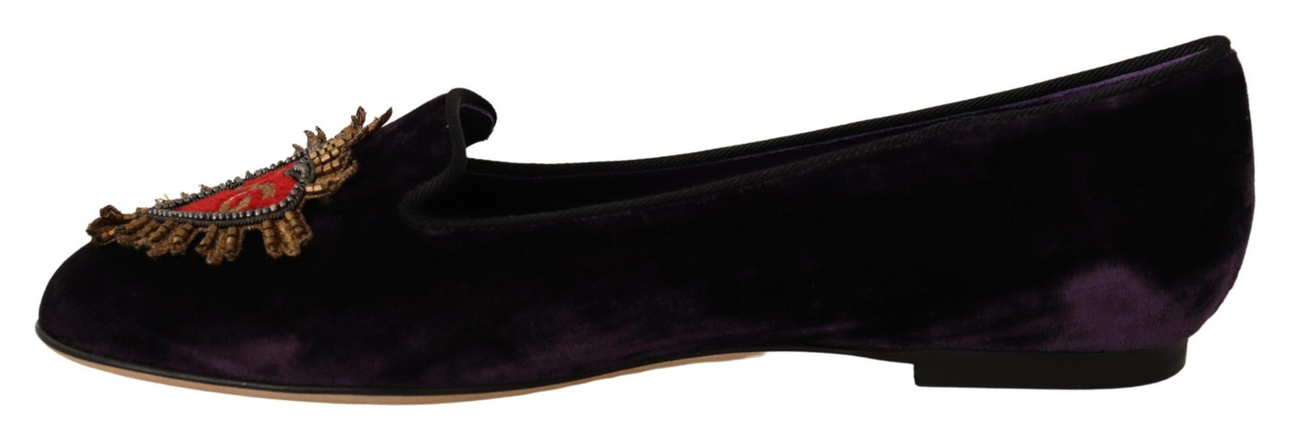 Dolce & Gabbana Chic Purple Velvet Loafers with Heart Detail