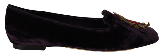 Dolce & Gabbana Purple Velvet DG Heart Loafers Scarpe