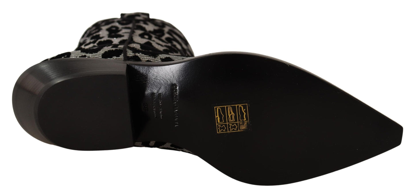 Dolce & Gabbana Grey Black Leopard Cowboy Boots chaussures
